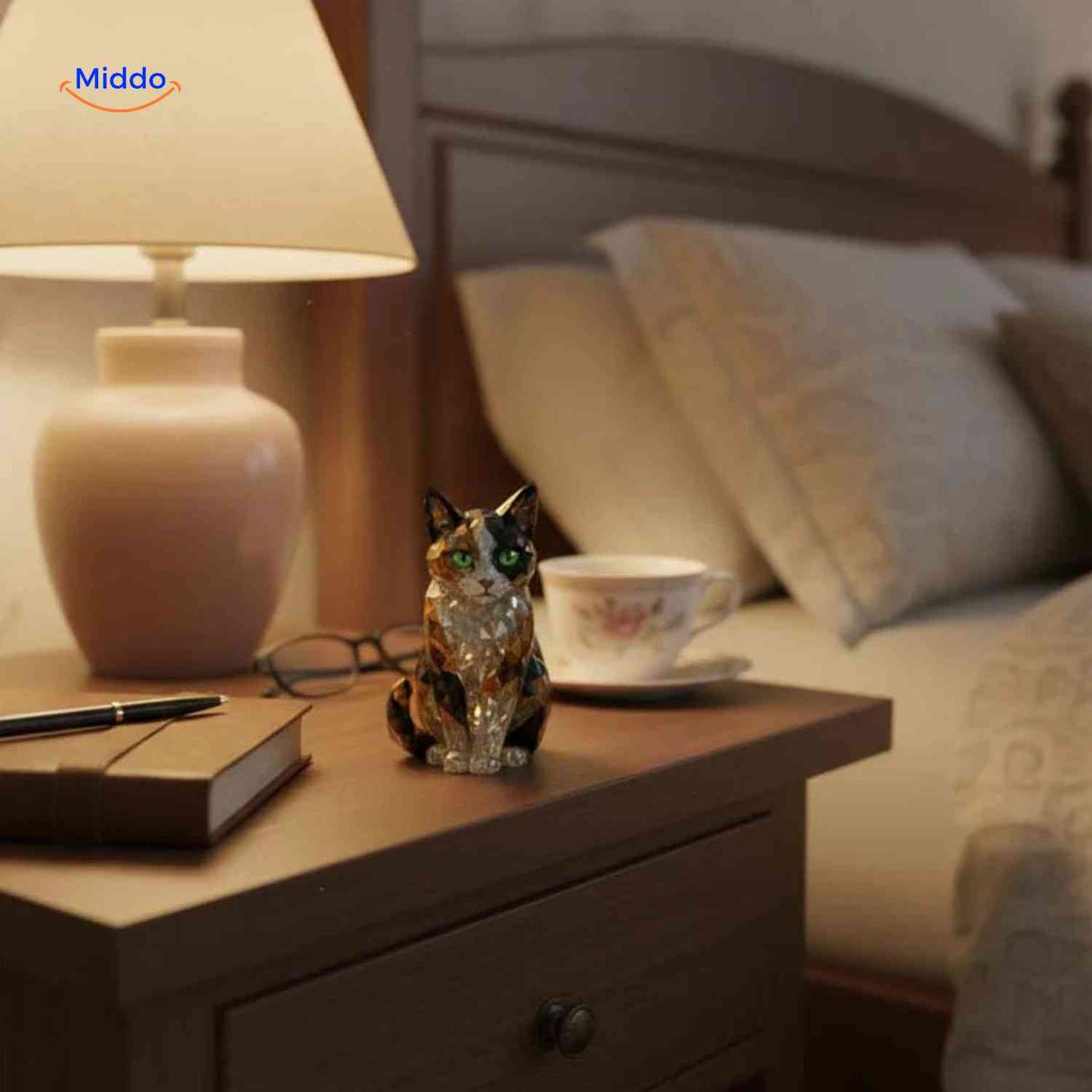 Crystal cat figurine as elegant workspace decoration on office desk.