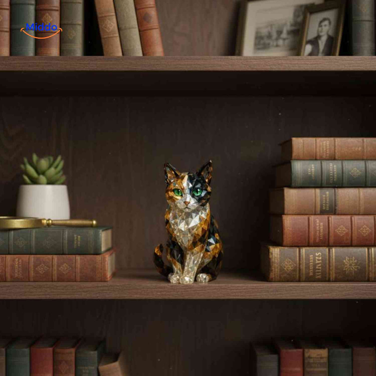 Crystal cat figurines styled as home decor accent pieces throughout room.
