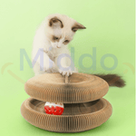 Curious cat playing and exploring on cardboard scratch toy.