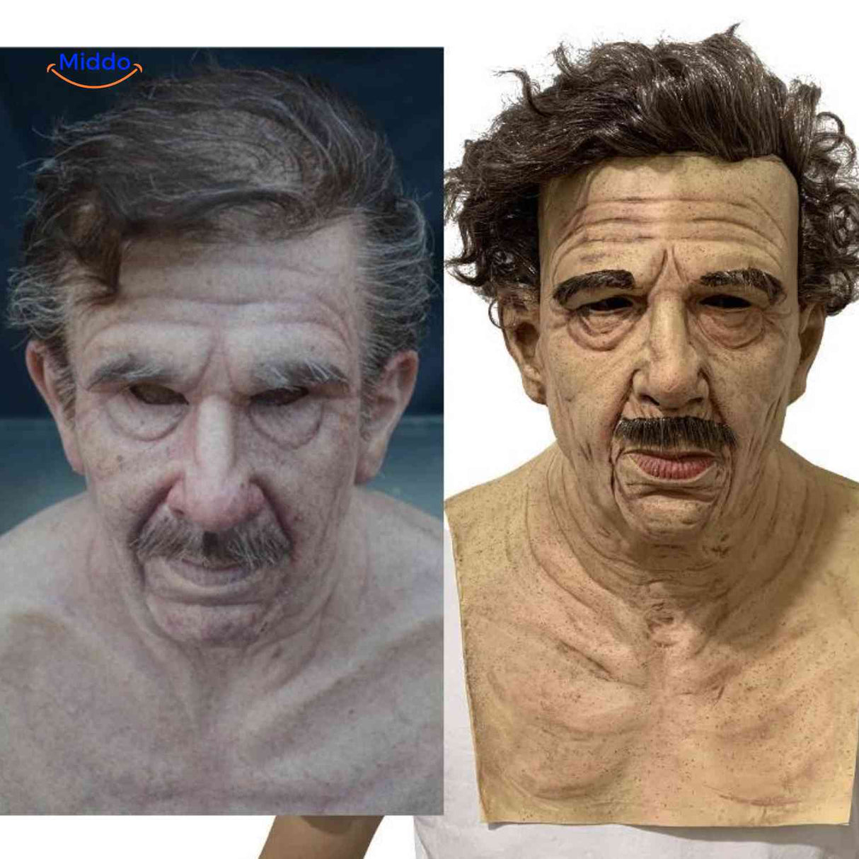 Old man mask with curly hair and prominent mustache in latex.
