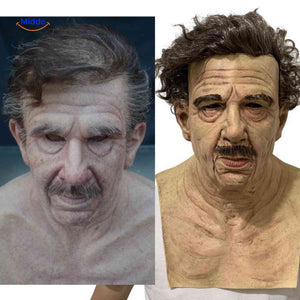 Old man mask with curly hair and prominent mustache in latex.