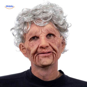 Realistic old woman mask with grey curly hair and aged features.