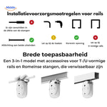 Installation guide showing compatibility with multiple rail types.