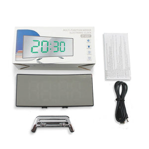 Package contents and unboxing of curved LED digital alarm clock with accessories.
