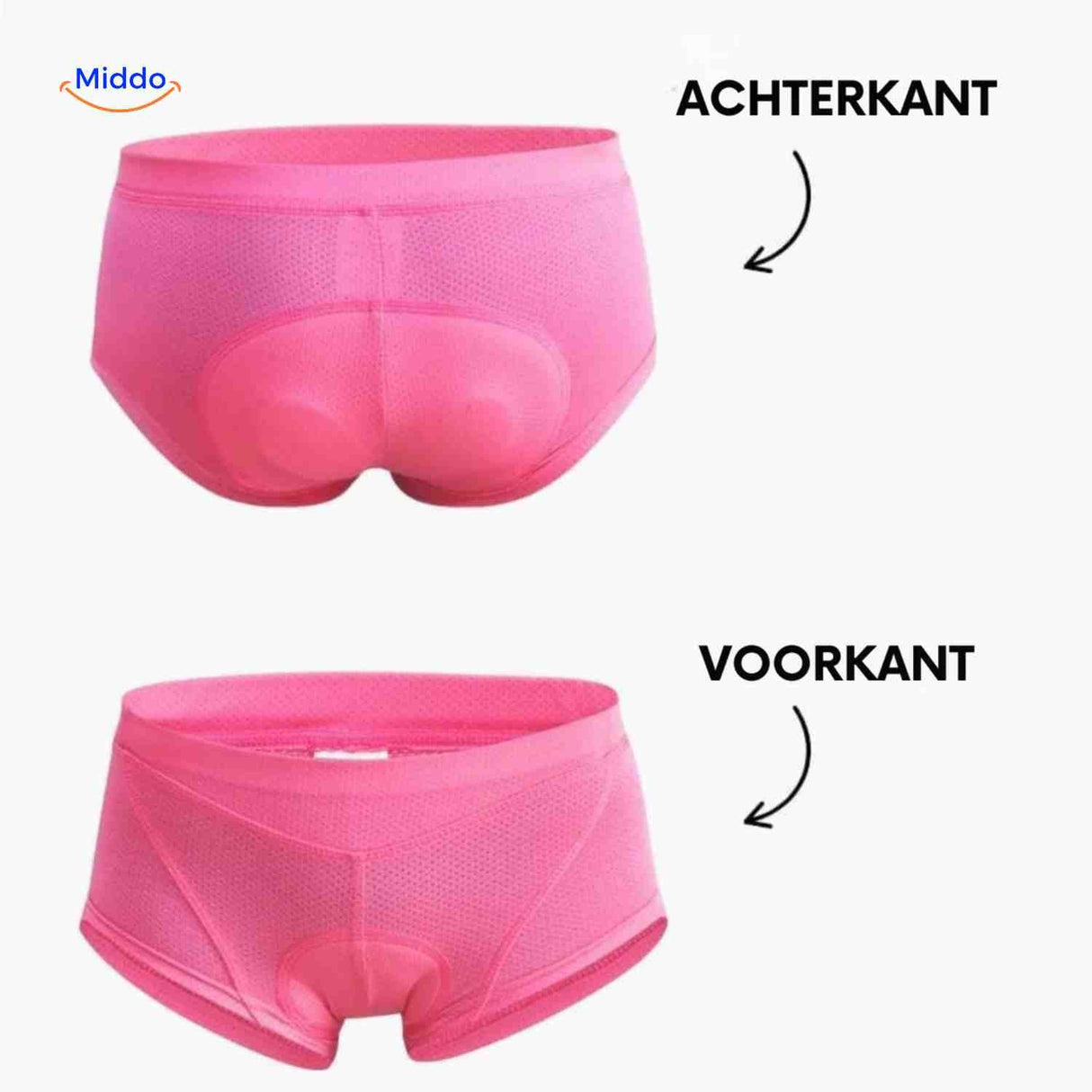 Front and back view of women's gel-padded cycling underwear showing full coverage design.