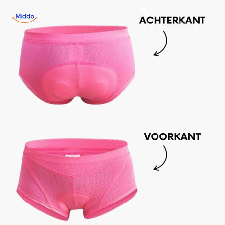 Front and back view of women's gel-padded cycling underwear showing full coverage design.