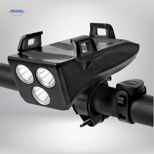 CycloMax 4-in-1 gadget installed on bicycle handlebars in real-world cycling lifestyle setting.