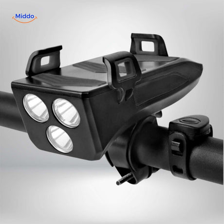 CycloMax 4-in-1 gadget installed on bicycle handlebars in real-world cycling lifestyle setting.