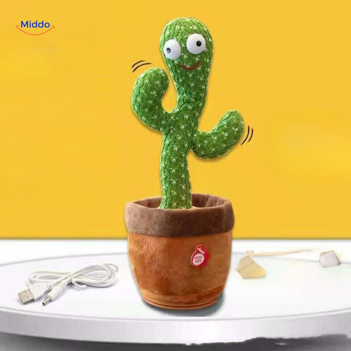 Dancing cactus with LED lights and USB charging cable included.