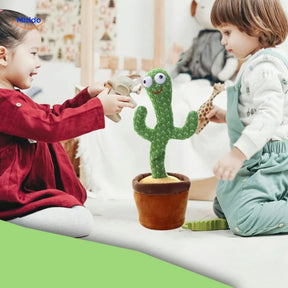 Dancing cactus toy with children playing and having fun together.