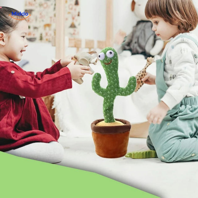 Dancing cactus toy with children playing and having fun together.