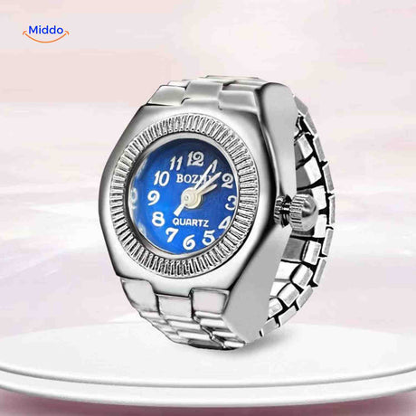 Dark blue round ring watch with sophisticated stylish appearance.