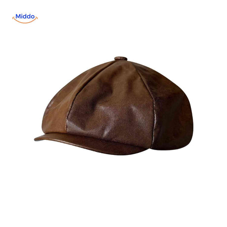 Dark brown leather flat cap with vintage heritage newsboy style.