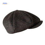 Dark brown plaid wool flat cap with classic vintage design.