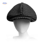 Dark gray houndstooth wool flat cap with timeless vintage pattern.