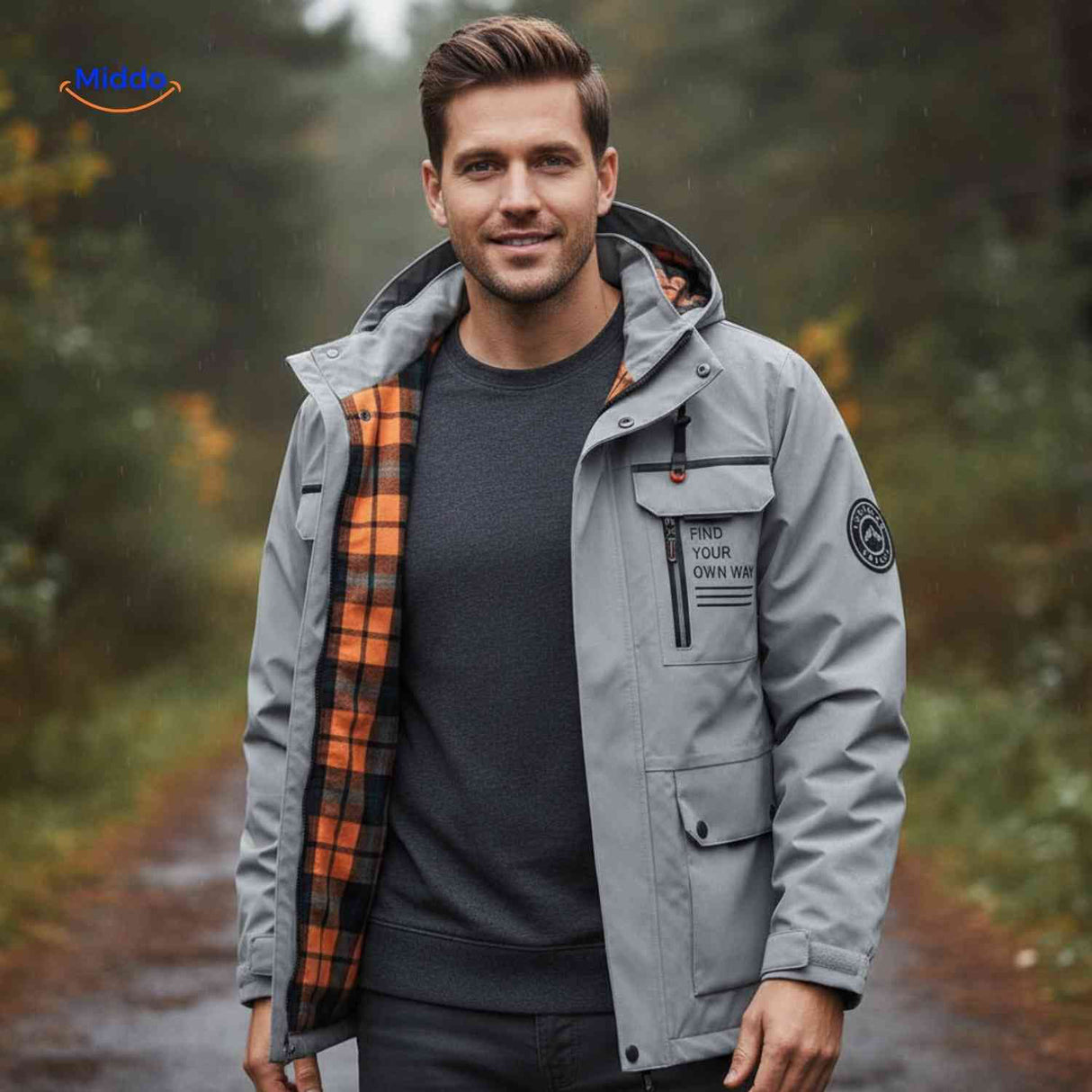 Dark green men's winter parka with hood and hand pockets.