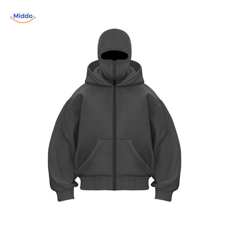 Full-length dark grey double-hood unisex hoodie in cotton.