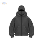 Full-length dark grey double-hood unisex hoodie in cotton.
