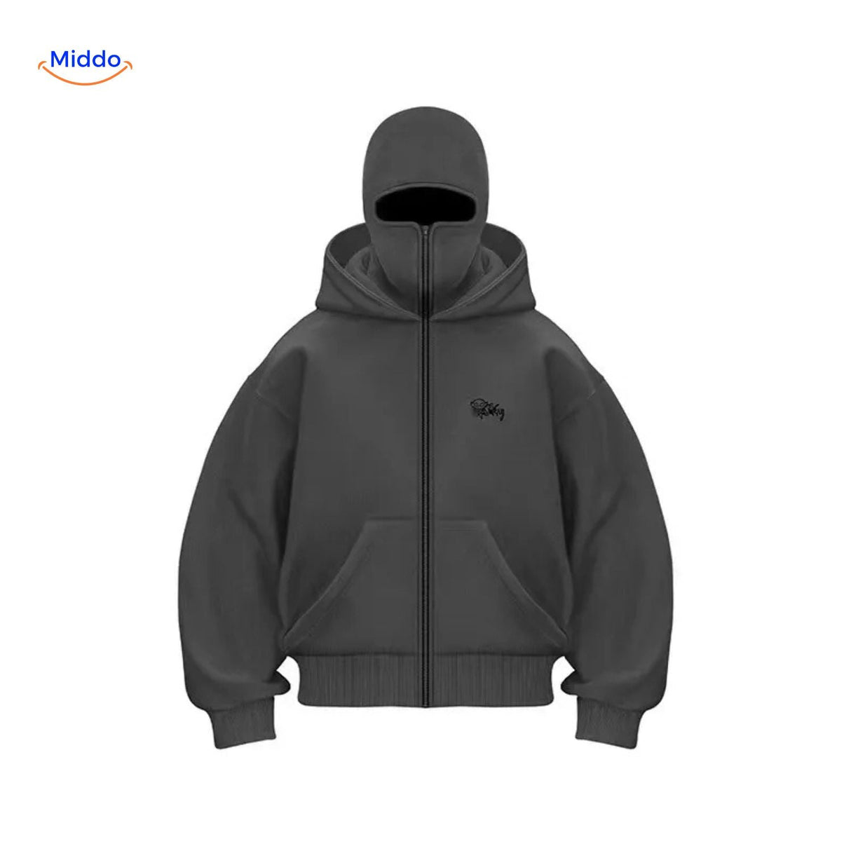 Dark grey unisex hoodie with embroidered logo on double-hood design.