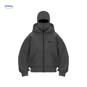 Dark grey unisex hoodie with embroidered logo on double-hood design.