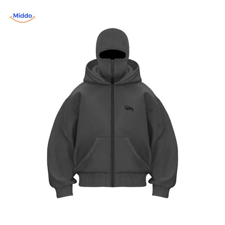 Dark grey unisex hoodie with embroidered logo on double-hood design.