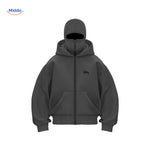 Dark grey unisex hoodie with embroidered logo on double-hood design.