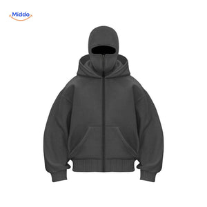 Front view of dark grey AutumnBliss double-hood cotton hoodie.