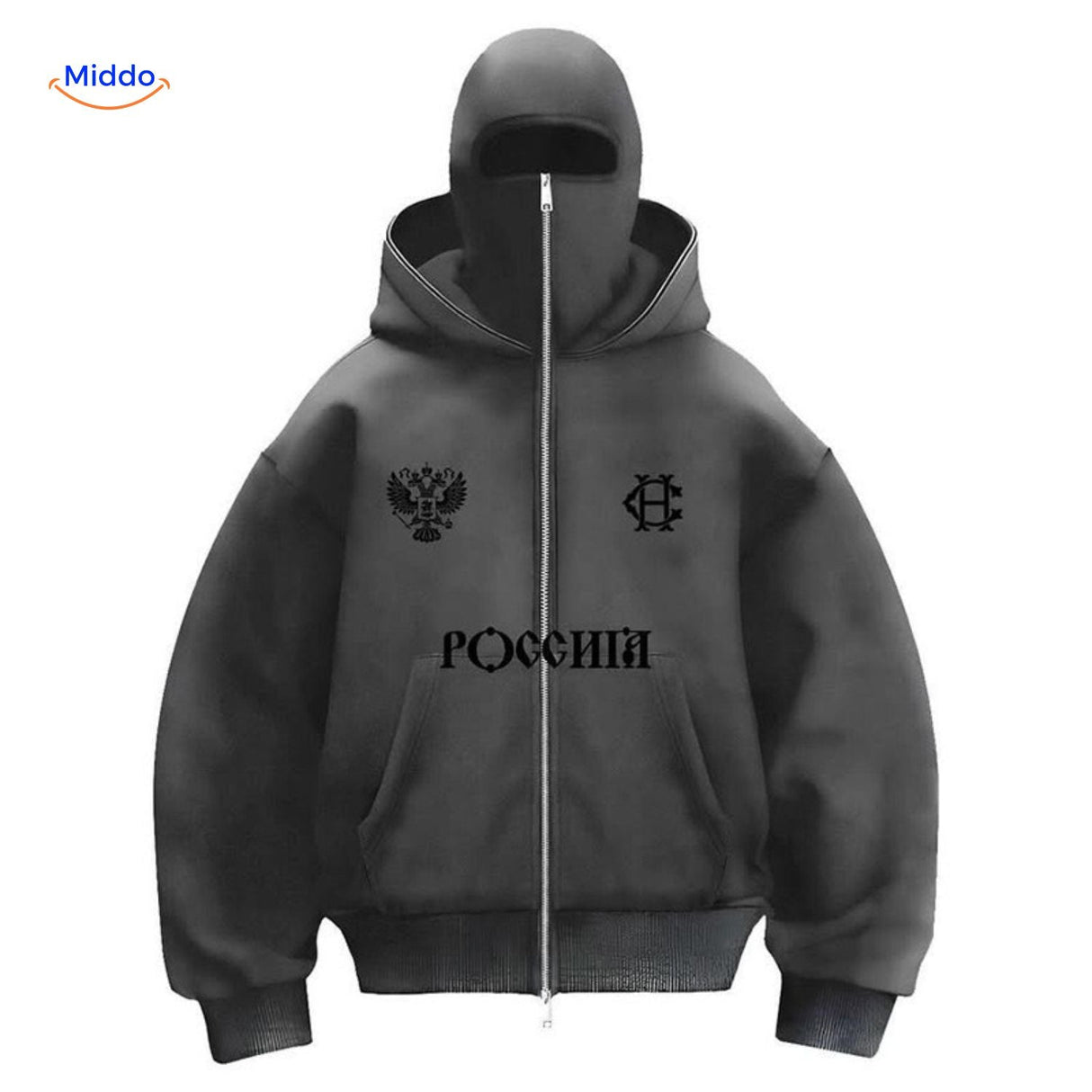 Dark grey double-hood hoodie with logo detail and cotton comfort.