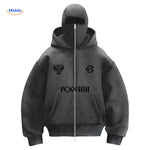Dark grey double-hood hoodie with logo detail and cotton comfort.