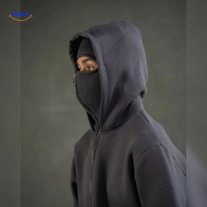 Dark grey double-hood hoodie featuring full zip closure design.