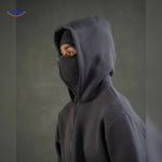 Dark grey double-hood hoodie featuring full zip closure design.