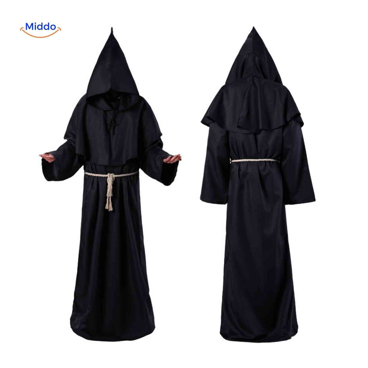 Dark hooded monk halloween costume with full length traditional robe.