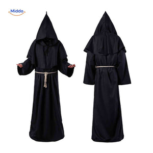 Dark hooded monk halloween costume with full length traditional robe.