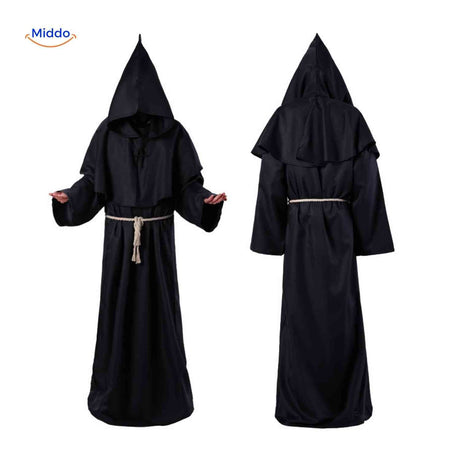 Dark hooded monk halloween costume with full length traditional robe.