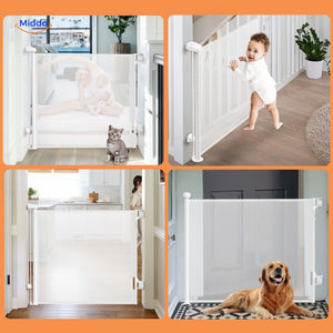 Dark finish retractable safety gate with modern foldable design.