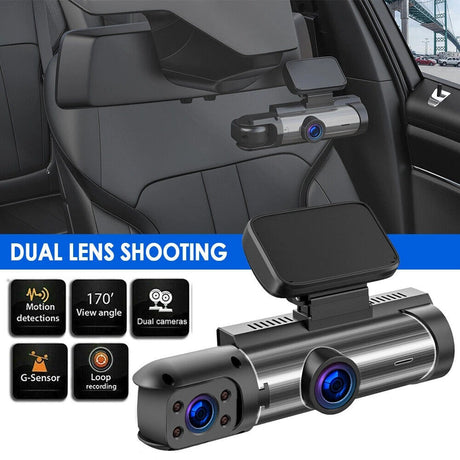 Dual-lens design with front and rear camera modules for complete vehicle coverage.