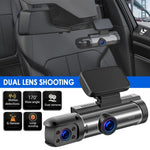 Dual-lens design with front and rear camera modules for complete vehicle coverage.