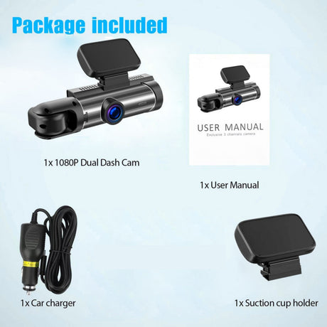 Package includes dashcam unit, dual-lens cameras, mount, and complete installation kit.