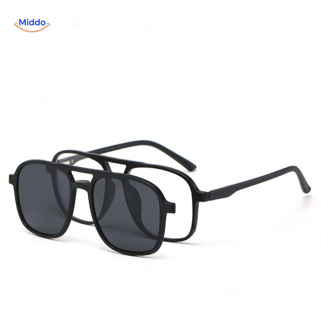 Magnetic sunglasses set designed for both day and night use with interchangeable UV and night-vision clips.