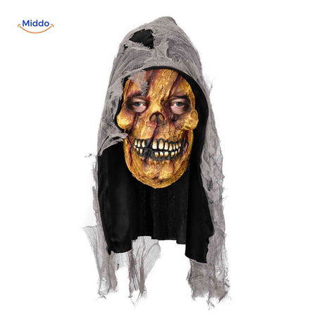 Decayed skull mask with gray hood for horror costumes.