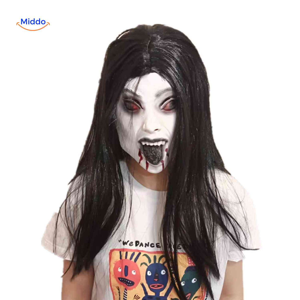 Demonic mask with black tongue and red eyes for devilish appearance.