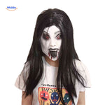 Demonic mask with black tongue and red eyes for devilish appearance.