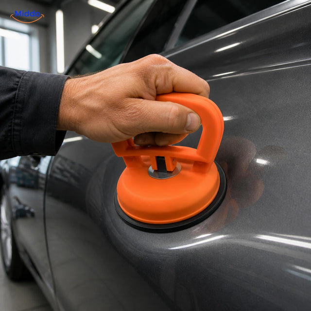 DentGrip orange locking suction cup on a shallow car-panel dent