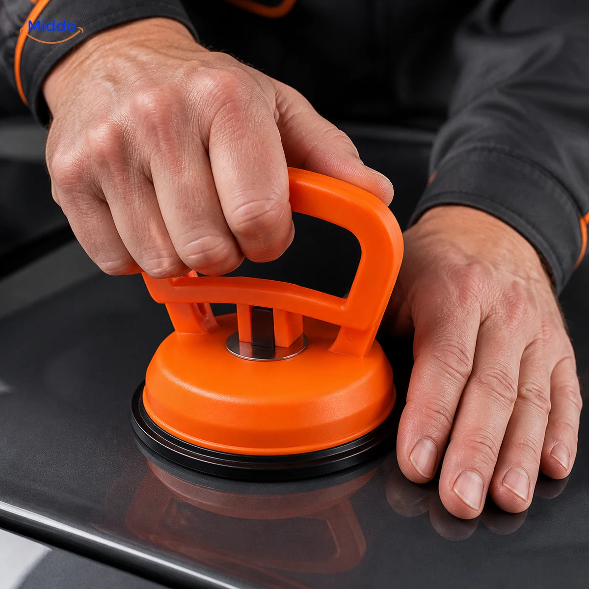 Press the complete DentGrip rubber rim flat on a clean smooth car panel