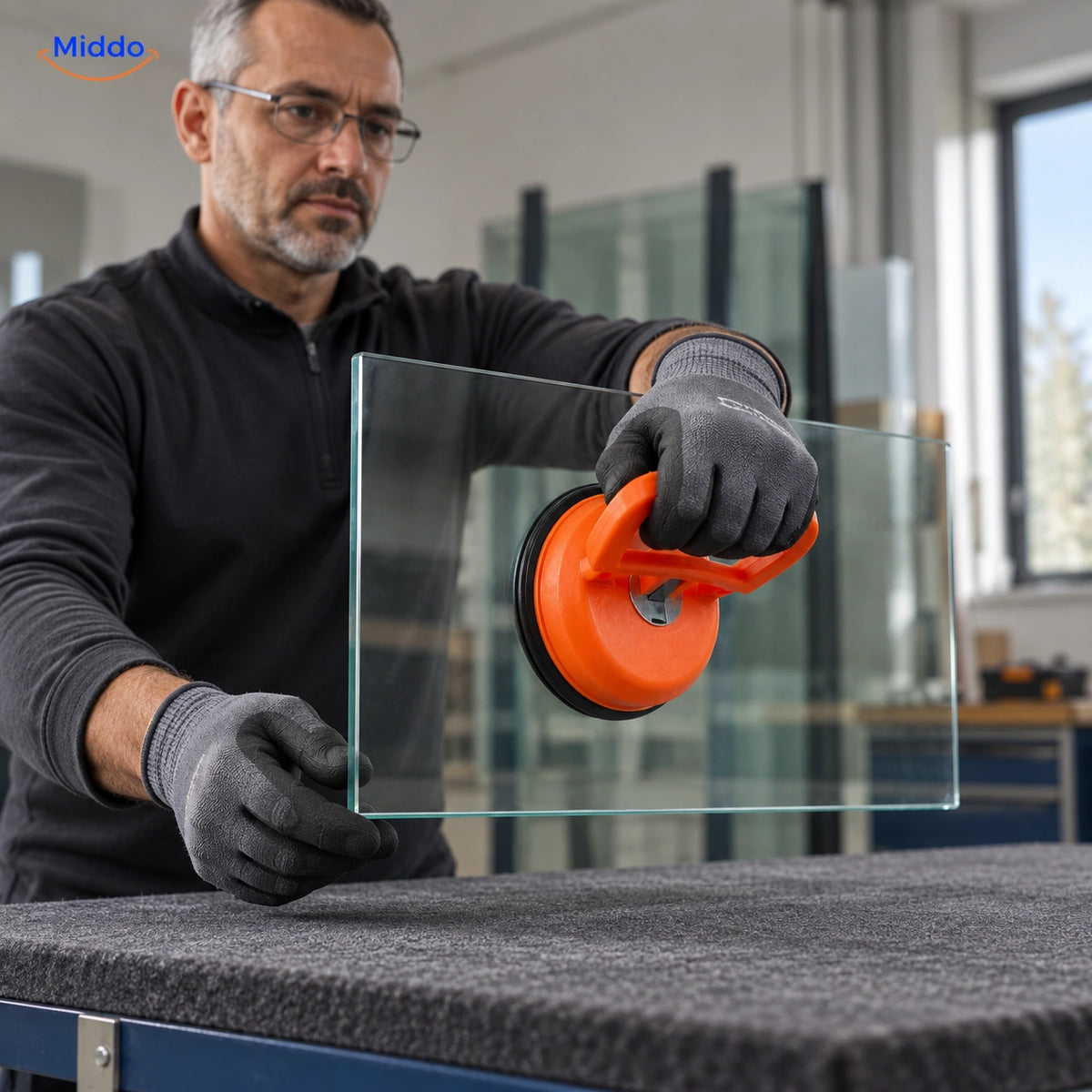 DentGrip locking suction cup lifting a small glass pane with a second hand supporting its edge