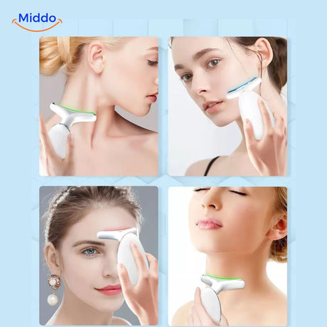 Woman using DermaLift Pro for comprehensive face and neck skin care treatment.