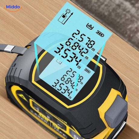 Digital LCD display of laser tape measure showing precise measurements