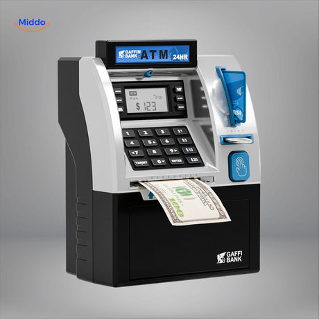 Pink ATM-style digital vault with electronic PIN lock and vault door design.