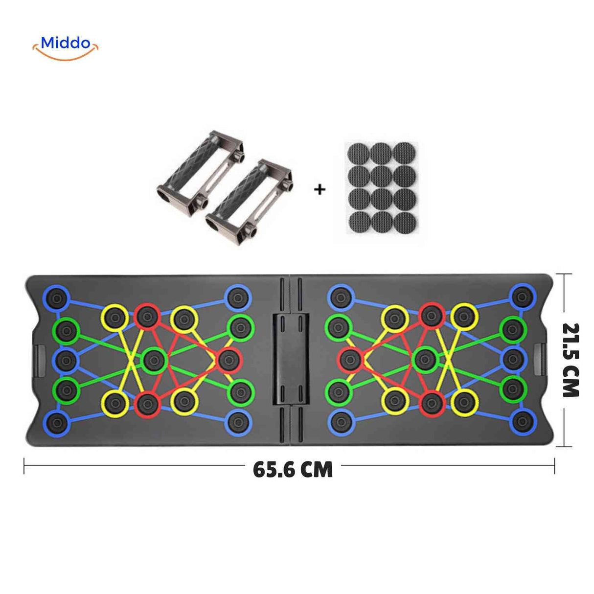 Size specifications and handle placement information for the training board.