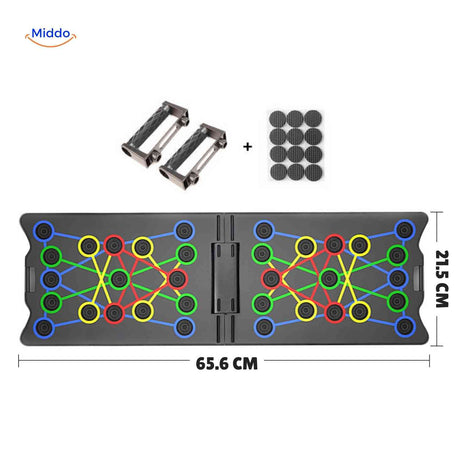 Size specifications and handle placement information for the training board.